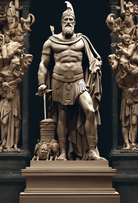 A Greek statue resembling Ares, foreground, 8K, with black background，A man in the middle of a huge temple,Marble sculpture of the Emperor of the Empire of Light，Dressed in a marshal uniform，The marshal has a golden four-leaf clover brooch on the chest of ...