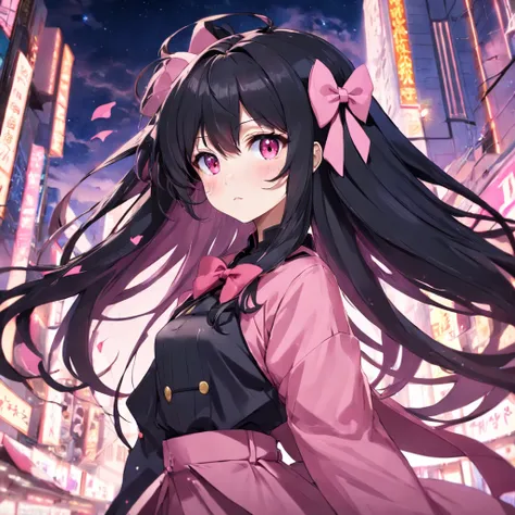 anime girl with long black hair and a pink bow