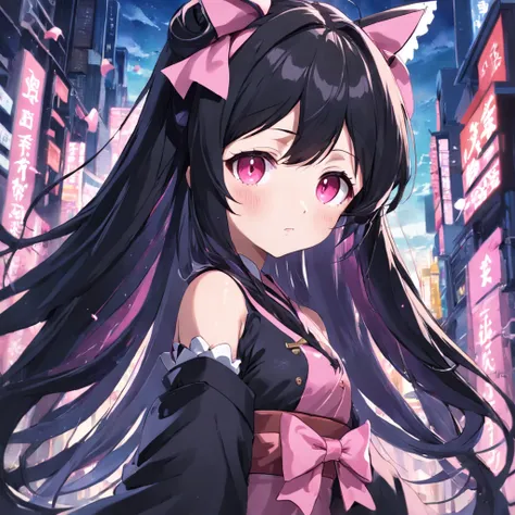 anime girl with long black hair and a pink bow