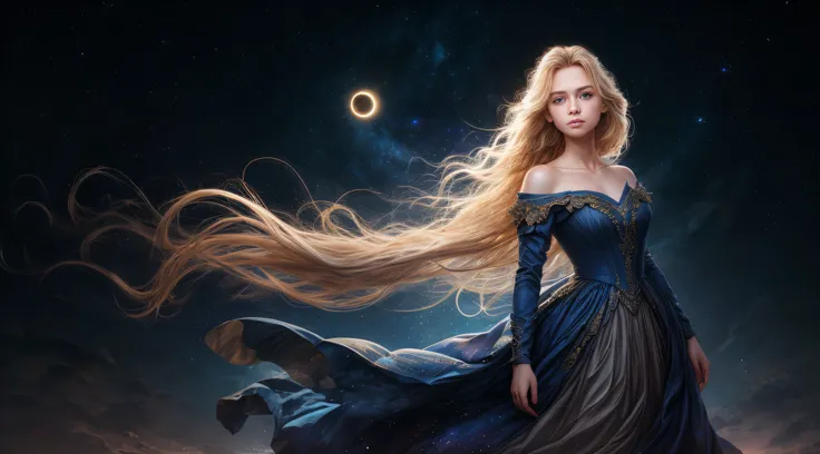 (best quality, masterpiece), young woman, pose, particle, wind, flower, upper body, night eclipse background, looking at viewer, long straight windblown blonde hair, detailded blue eyes, medieval princess blue dress, galaxy, backlit, rimlight, beautiful ar...