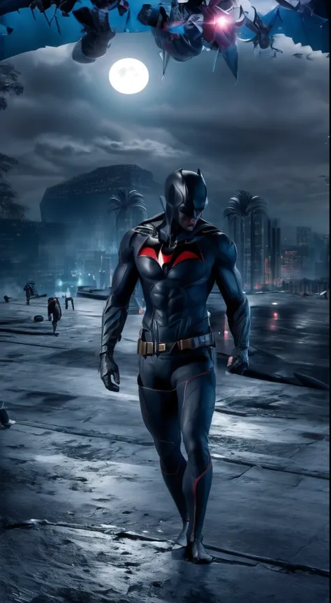 batman beyond standing on a ledge on top of a skyscraper, wearing large cape, dark, moonlight, dystopian, gritty, masterpiece, u...