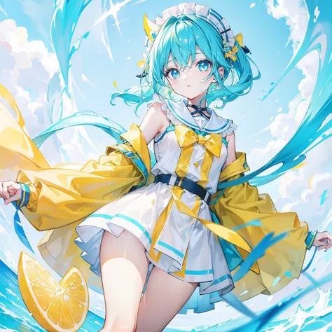 Glowing light cyan yellow with hair and pupils，Clothes in blue, yellow and white，Sweet loli girl，The whole is shining