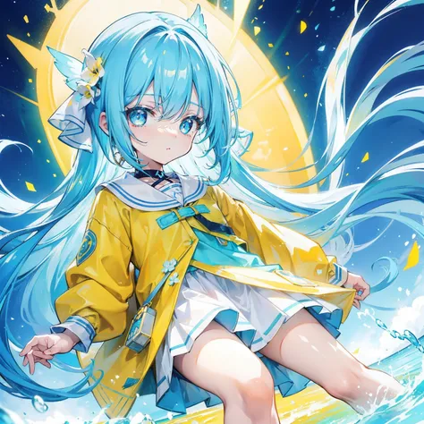 Glowing light cyan yellow with hair and pupils，Clothes in blue, yellow and white，Sweet loli girl，The whole is shining