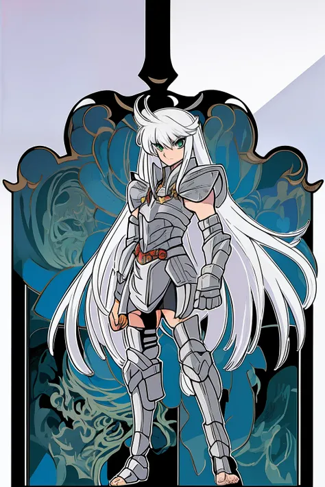 (((tan skin))), knight armor, silver armor, (((silver hair))), green eyes, medium breasts, crop top, messy hair, long hair, full body, cape, skirt, solo