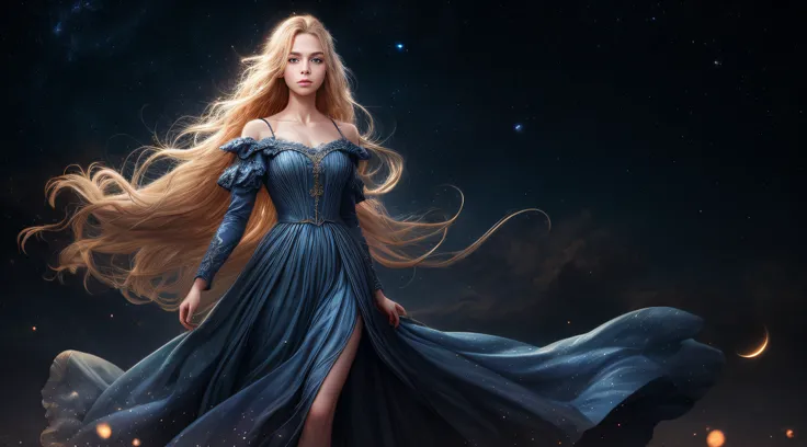 (best quality, masterpiece), young woman, pose, particle, wind, flower, upper body, night eclipse background, looking at viewer, long straight windblown blonde hair, detailded blue eyes, medieval princess blue dress, galaxy, backlit, rimlight, beautiful ar...