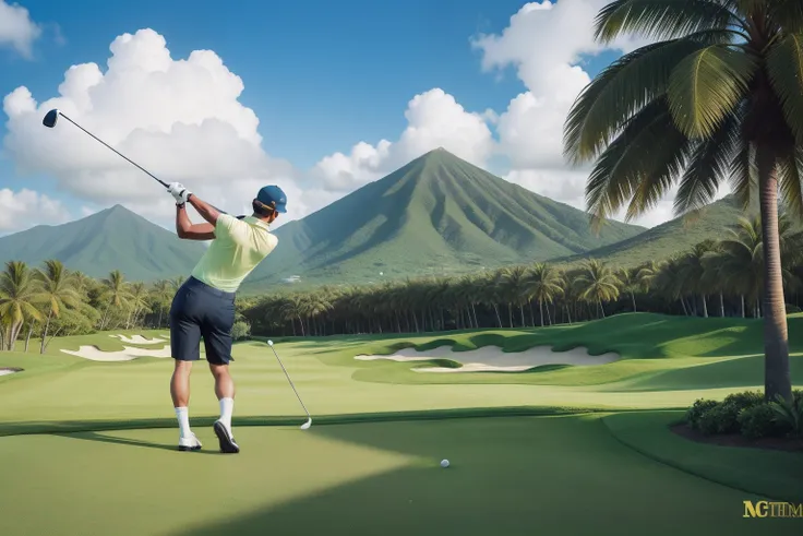 Year: 2020
Country: Saint Kitts and Nevis
Description: At a luxurious golf course, an adult man dons a retro-inspired golf attire as he takes a swing against the backdrop of Nevis Peak. The neatly trimmed fairways and lush greenery create a striking contra...