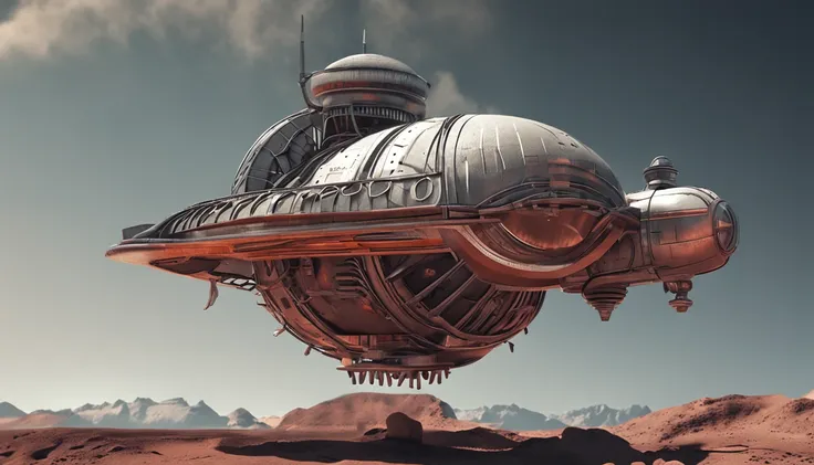 A spaceship with old-fashioned gears and tubes seems to defy the laws of physics with grayscale colors