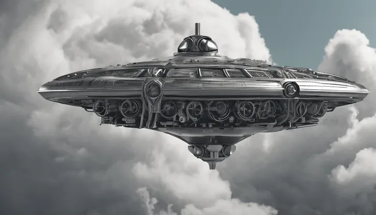 A spaceship with old-fashioned gears and tubes seems to defy the laws of physics with grayscale colors