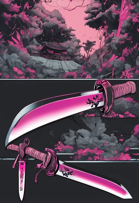 katana with a black aura and two sides color pink