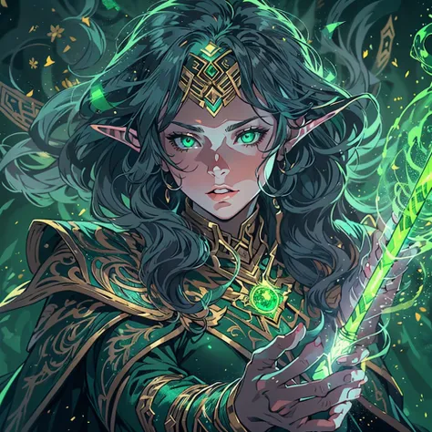 woman, age 25, anime cell shading, inspired from loki, loki costume, green magic,  green aura, green glowing eyes, holding a magical sceptre, lies, deceptive background, intense, intricate details, masterpiece, highly detailed