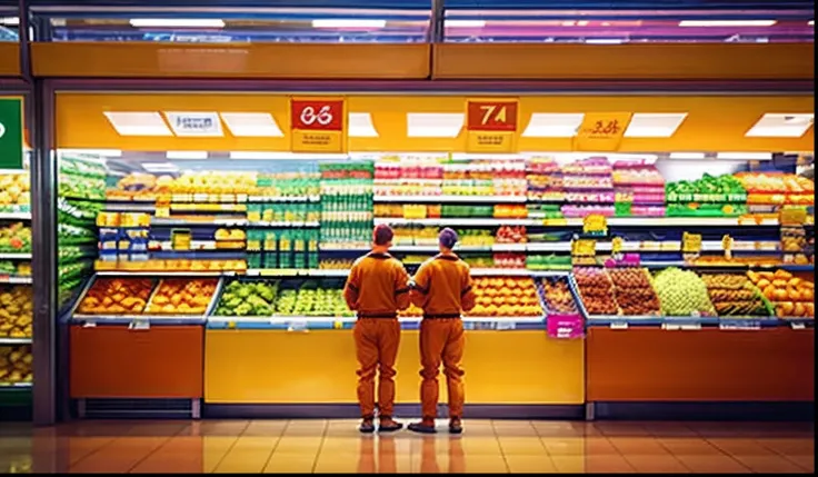 Supermarket employees wearing orange clothes at the supermarket，Lots of food and drinks around，There are a lot of people，Its summer, and the sun is shining on the transparent glass，She smiled happily