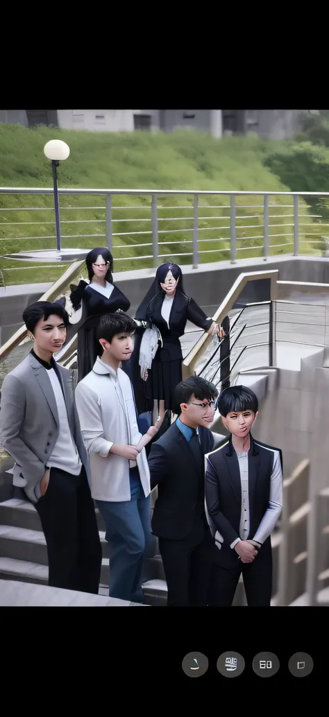 Several people stand on a set of stairs with balustrades, still from a music video, screenshots from movies, 8K 50mm ISO 10, highlight scene of the movie, music video, inspired by Gang Hui-an, 35mm —W 1920 —H 1080, shot with canon eoa 6 d mark ii