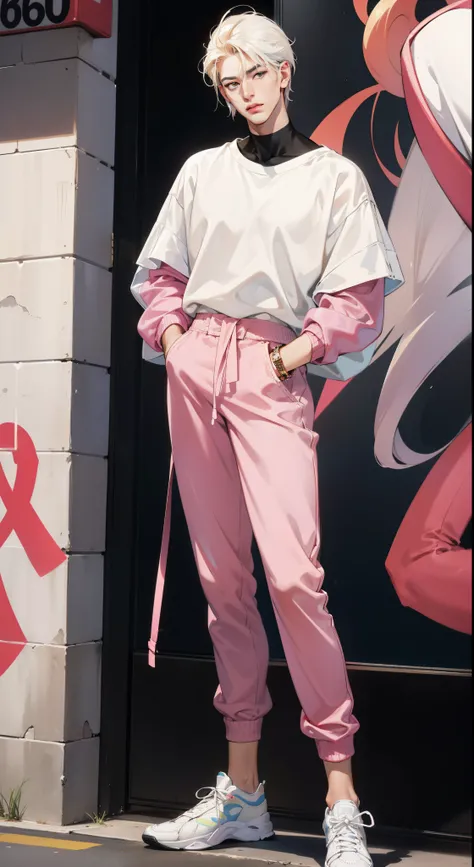 Asian male model in a cute pink outfit, embodying the essence of 90s fashion with a touch of femininity, his slender figure adorned in a pastel pink oversized sweater, its soft fabric draping gently over his frame, paired with high-waisted light-washed jea...