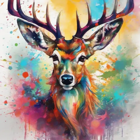 Draw one sideways，Deer with colorful ink on their bodies, archan nair, painted in bright water colors, animal drawing, vibrant watercolor painting, painting of cute dog, Stunning artwork, Surrealism with bright colors, plethora of colors，detail-rich, lovel...