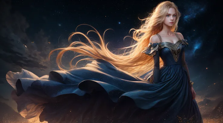 (best quality, masterpiece), young woman, pose, particle, wind, flower, upper body, night eclipse background, looking at viewer, long straight windblown blonde hair, detailded blue eyes, medieval princess blue dress, galaxy, backlit, rimlight, beautiful ar...