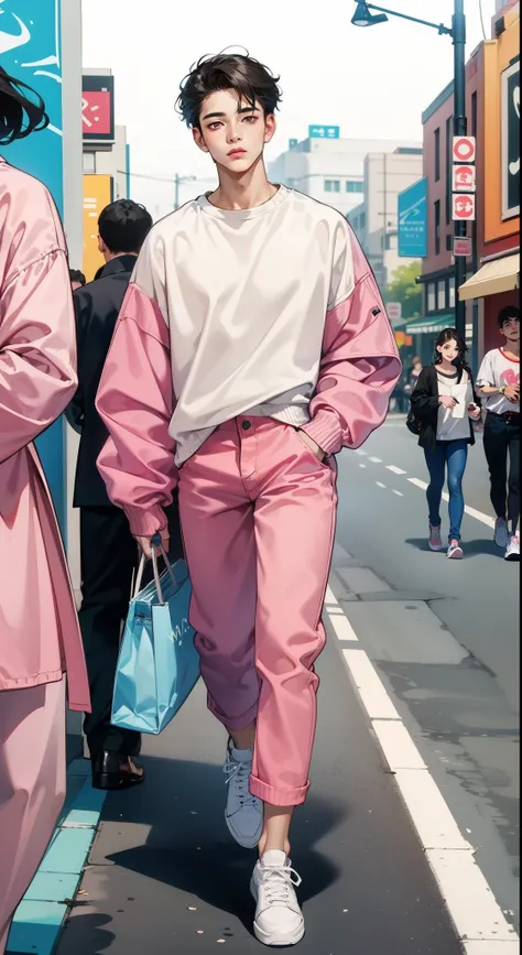 Asian male model in a cute pink outfit, embodying the essence of 90s fashion with a touch of femininity, his slender figure adorned in a pastel pink oversized sweater, its soft fabric draping gently over his frame, paired with high-waisted light-washed jea...