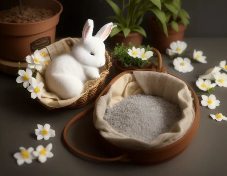 There is a small white rabbit in the basket next to the pot, With his eyes closed，Go to bed，plushie photography