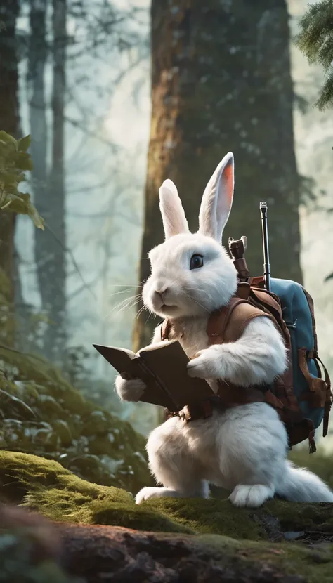 Classic negative portrait photo, fantasy video game character concept art, a cute white fluffy rabbit with a small brown leather backpack looking at a map hiking through the forest, dungeons and dragons, fantasy, river, haze, halo, Bloom, dramatic atmosphe...