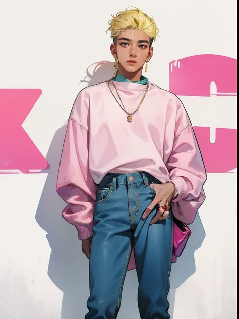 Asian male model in a cute pink outfit, embodying the essence of 90s fashion with a touch of femininity, his slender figure adorned in a pastel pink oversized sweater, its soft fabric draping gently over his frame, paired with high-waisted light-washed jea...