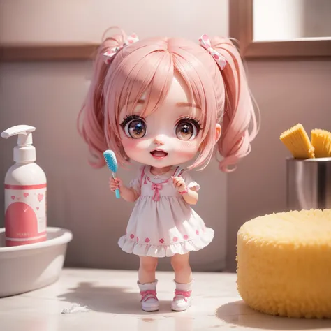 Cute Baby Chibi Anime,（（（Super masterpiece、top-quality、ultra-detailliert、女の子1人、Chibi：1.5））、Chibi bathroom、Body sponge、Cleaning brush、A detailed face、Smile with open mouth、fullllbody（Chibi：1.4）、8ｋ