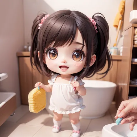 Cute Baby Chibi Anime,（（（Super masterpiece、top-quality、ultra-detailliert、女の子1人、Chibi：1.5））、Chibi bathroom、Body sponge、Cleaning brush、A detailed face、Smile with open mouth、fullllbody（Chibi：1.4）、8ｋ