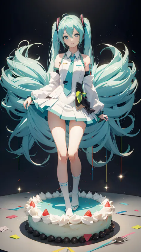 Hatsune Miku sits on a huge creamy birthday cake，The birthday cake is lit with colorful birthday candles，happy birthay，ssmile，exquisite facial features，Elaborate Eyes，Gentle and shy face，Peerless beautiful girl，Advancedsense，Hold the strawberry between the...