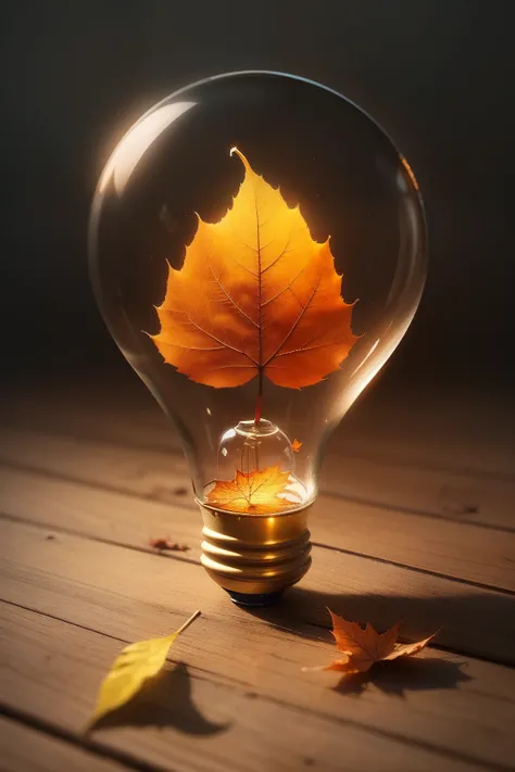 Small wood reproducible bulb born from a light bulb with an autumn mood icon with fallen leaves, Sustainable development on hazy green natural background