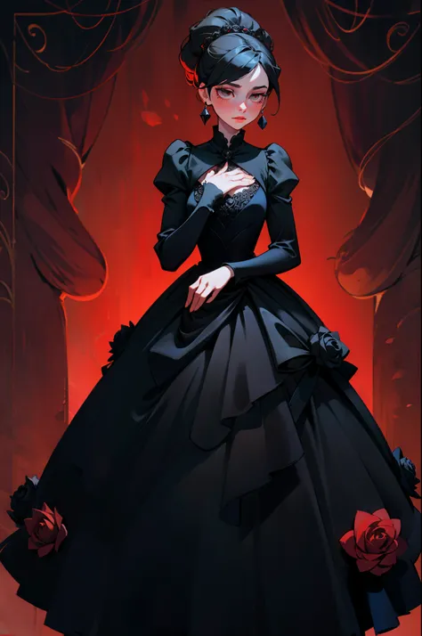 A woman in a black touch-chest dress，The fabric is black velvet，At the chest and at the end of the skirt are black blooming red roses，artistic conception，best qualtiy，fanciful，