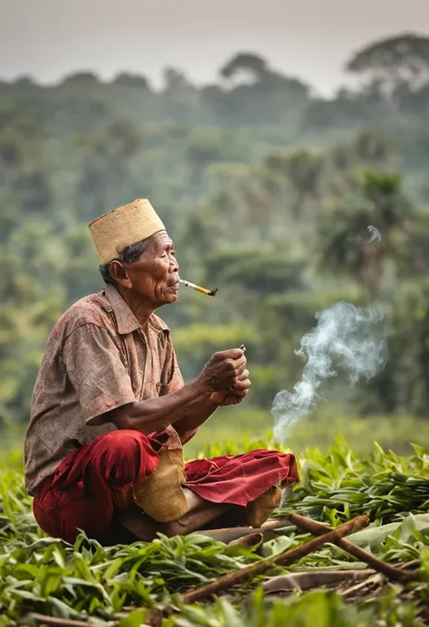 arafed man sitting in a field smoking a cigarette, smoking a cigarette in the field, Indonesian island of Java farmer, taking a smoke break, farmer, praying with tobacco, traditional art, traditional photography, rural Indonesian island of Java farmer