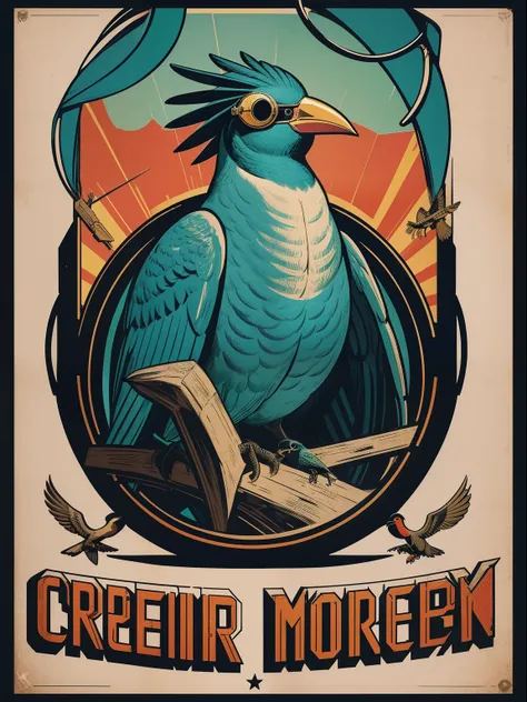 Bird-headed bird-beaked man wearing round-framed goggles croaking highly detailed propaganda poster，Watch anime，pop-art，typographic，Vintage paper，trichotomy，trends in art station，hyper HD（neonlight）