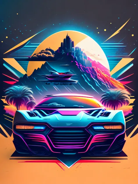 "The Car, Lush cityscape, Stylized T-shirt design, mid-journey, Vibrant vector art, Futuristic car front,The car is located at the top of the screen"