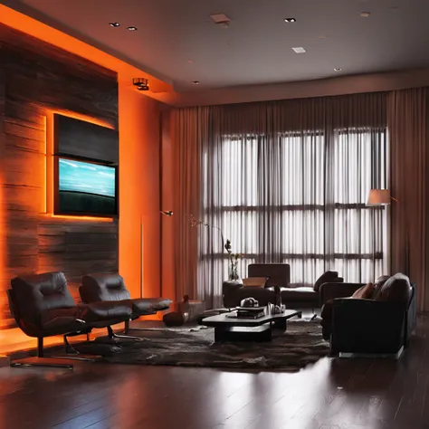 Dark orange LED lights with dark room full of modern furniture