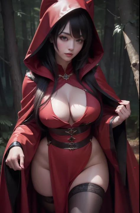 (masterpiece, best quality), sexy woman in a crimson red robe posing in a dark forest with luminous trees, (wearing crimson red robe with hood), dark robe, thicc, 8k high quality detailed art, extremely detailed artgerm, artwork in the style of guweiz, bla...