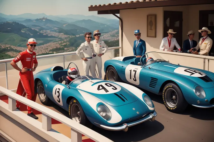 Year: 2022
Country: San Marino
Description: At the renowned San Marino Grand Prix, a group of friends don retro-style racing attire to spectate the thrilling race. Theyre perched on a rooftop terrace overlooking the racetrack, vintage binoculars in hand, e...