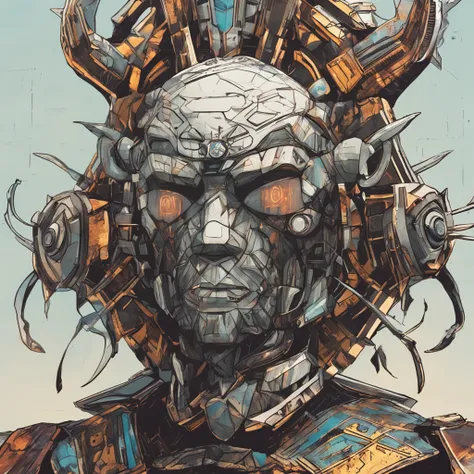 Three Eyes Ancient General，Holding a three-pointed two-edged knife，Look up at the perspective，cyber punk perssonage