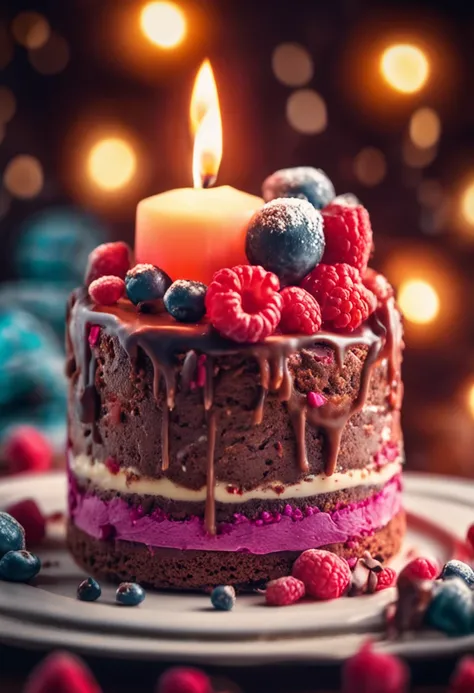 ~*~Photographic~*~ RAW closeup of gourmet cake, candle lights, sparks, flash photo BREAK