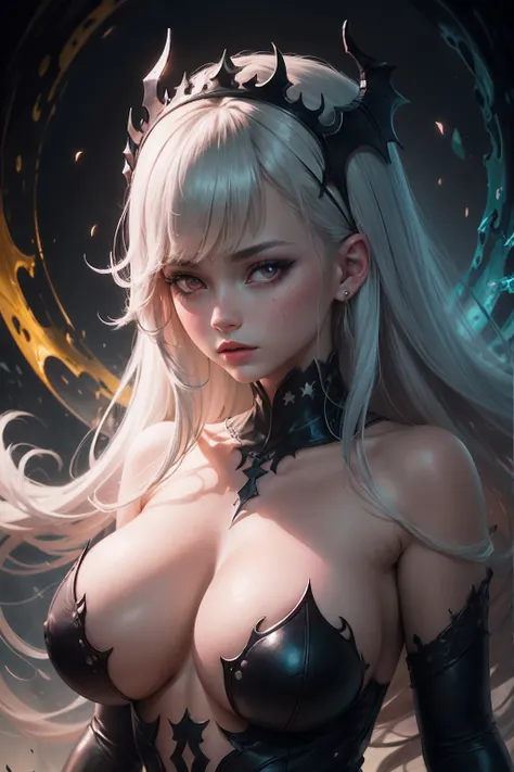 Ambilight, masterpiece, ultra-high quality, (ultra detailed original illustration), Perfil Portrait of a (beautiful Demon Girl:1.3), (Upper body:1), (Crown of Bones:1.1), (Evil Fashion:1.1), (Red Eyes:1.5,) (Double exposure, fusion of fluid abstract art, G...