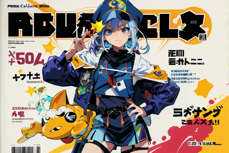 Arafeld magazine cover with a woman dressed in blue, Comic cover style, Official artwork, offcial art, full color manga visual style, 2 d anime style, Colorful! Character design, An anime cover, 2 0 2 2 anime style, 2022 anime style, comic cover, Kantai co...