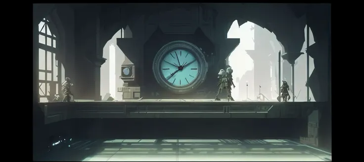 There is a clock on the wall in the room, 2D concept art, 2D movies, Game concept art, indie game concept art, game footage, nier automata spaceship style, cutscene footage, video game screenshot, Game design concept art, 2d game environment design, concep...