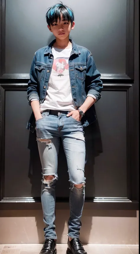 A 15-year-old boy，Blue hair，Wear gray skinny jeans，Take photos at the museum，Full body photo of the back