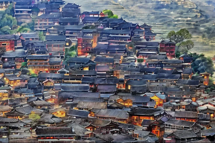 Village view with lots of houses on the hillside, Chinese village, dreamy Chinese towns, old asian village, peaked wooden roofs, above a village, red roofs, thatched roof, the roof, quaint village, Ancient Chinese architecture, Purple roof, the neat and de...