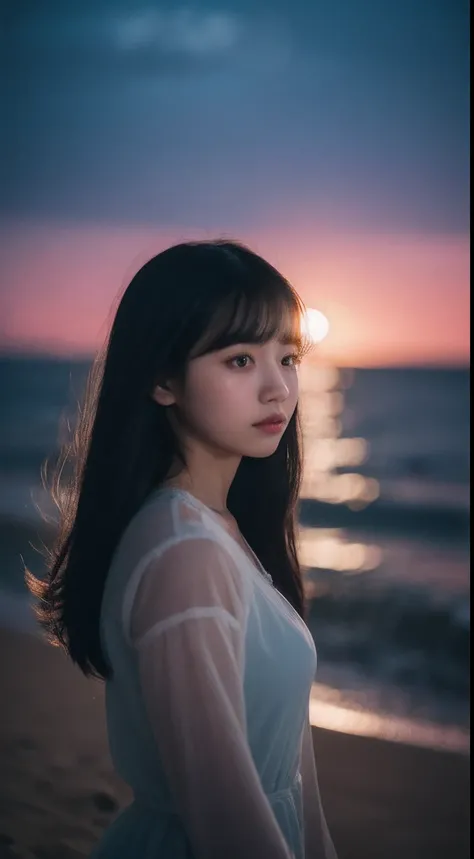 （8K, RAW photo, Best quality）1girll, Beautiful face, Black hair,The eyes have God，under moonlight，saddened， beachside,Faraway view，Background bokeh，Focalors，