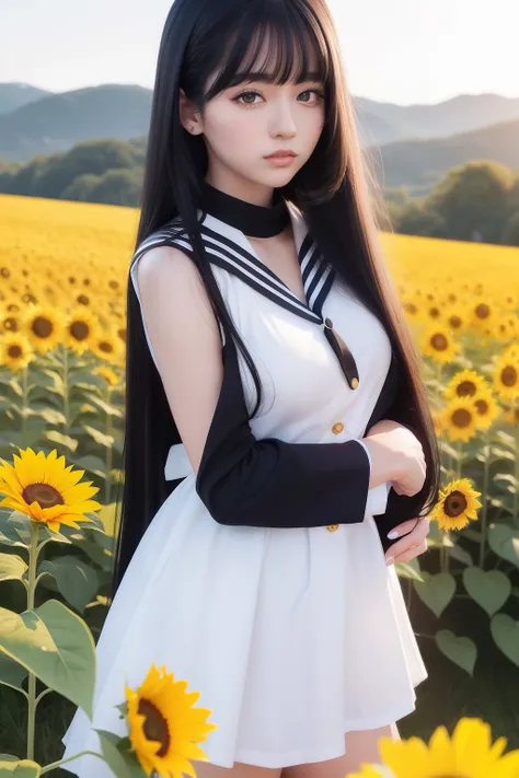 Long Black Hair　a sailor suit　Sun flower　Yellow eyes　Beautuful Women　countryside