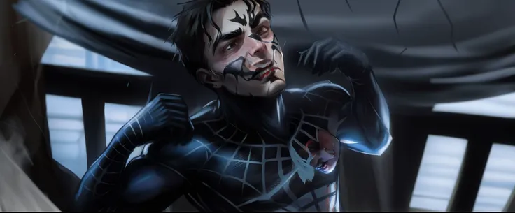 There was a man wearing a black spider tights,Venom undressing,Tobey Maguire,Delicate man face, movie screencap, symbiote, peter parker,Raise your hands and pull out the black tentacles,Black tentacles on the face,