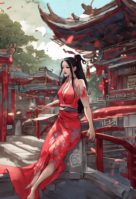 oriental girl，Lewdness，Red cheongsam swimsuit，Long flowing hair，clothes wet