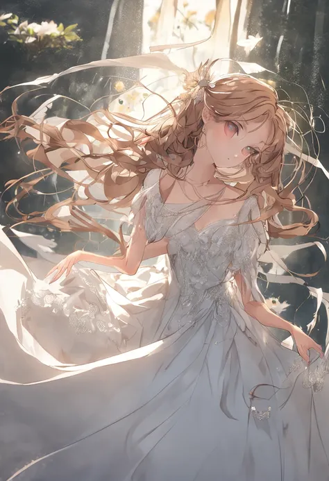 ((Best Picture Quality, 8k, tmasterpiece:1.3)), 2 beauties, Slim beauty:1.3, Long pale chestnut hair with curls, White tulle dress:1.1, Ultra-fine face, 詳細な目, 二重まぶた, ssmile, Thick eyelashes, Home