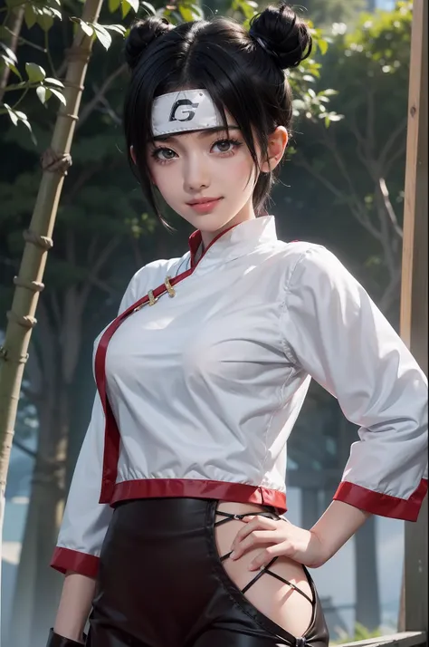 1girl, tenten in anime naruto, short hair, black hair, black eyes, smile, beautiful, sexy dress, sexy clothes, white clothes, very big breast, realistic clothes, detail clothes, outdoor background, ultra detail, realistic