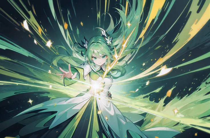 shooting green energy blast, anime fight screen, vibrant green particles