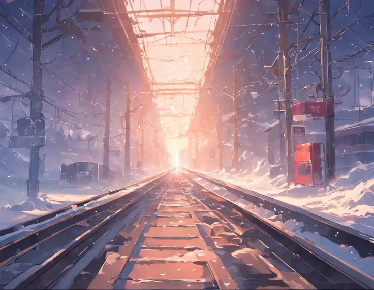 there is a train that is going down the tracks in the snow, concept art by Makoto Shinkai, tumblr, magical realism, beautiful anime scene, cosmic skies. by makoto shinkai, ( ( makoto shinkai ) ), anime background art, anime background, style of makoto shin...