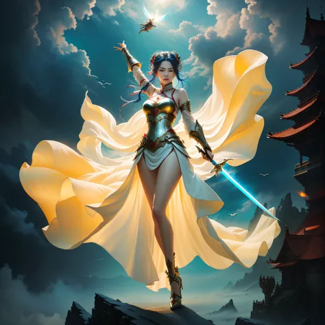 A greedy woman in a red dress holds a sword，Fly in the air,Detal Face,Cold face, dramatic lighting fantasy, beautiful fantasy maiden, Fantasy Woman, fantasy character photo, Chinese fantasy, Ethereal fantasy, fantasy beautiful, beautiful fantasy art, cloud...